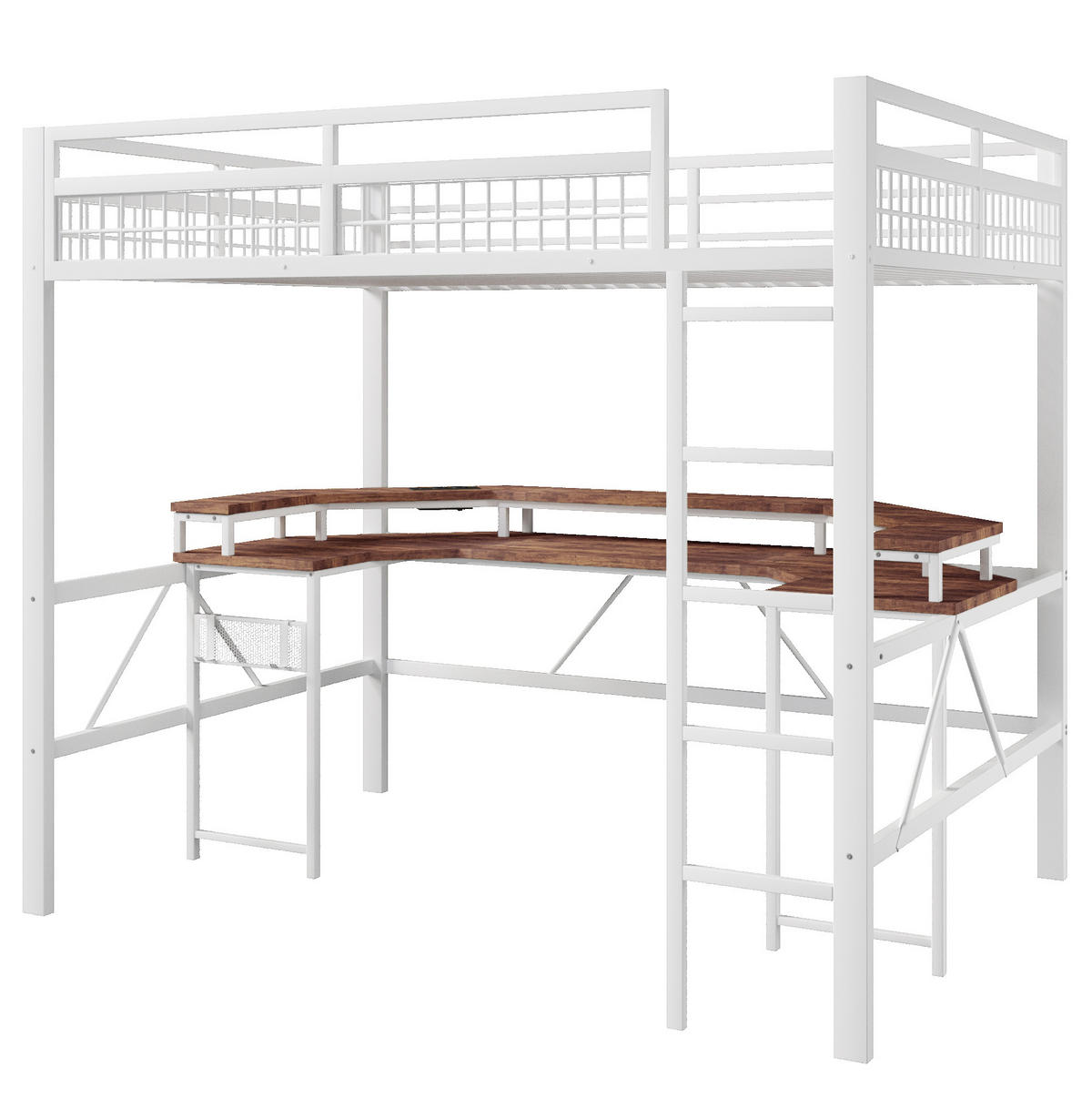 HOCHBETT 140/200 cm mit Schreibtisch, LED-Lichtleiste, USB, Typ-C, Steckdosen und Lochwand, Weiß - Weiß, Metall (140/200cm) - Redom