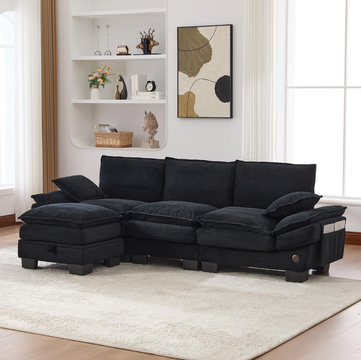 ECKSOFA aus Cord 260x132x84 cm in Schwarz mit Hocker & USB-C - Schwarz, Textil (132/260cm) - Modfu