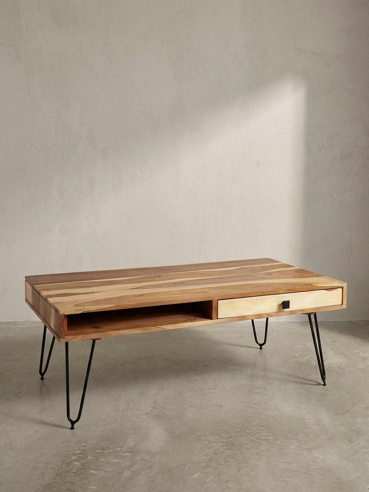 COUCHTISCH BALU mit Schubfächern aus Massivholz und Metallfüßen, leichter Aufbau, Beige 110x60x60 cm - Beige/Schwarz, Holz/Metall (60/110/60cm) - KADIMA DESIGN