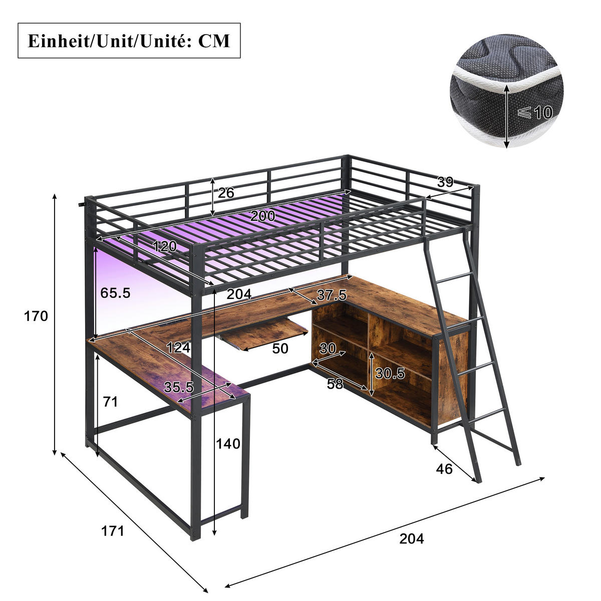 HOCHBETT 120/200 cm mit 3-seitigem Schreibtisch und LED, DE-41767, in Schwarz - Schwarz, Metall (120/200cm) - ComfortXL