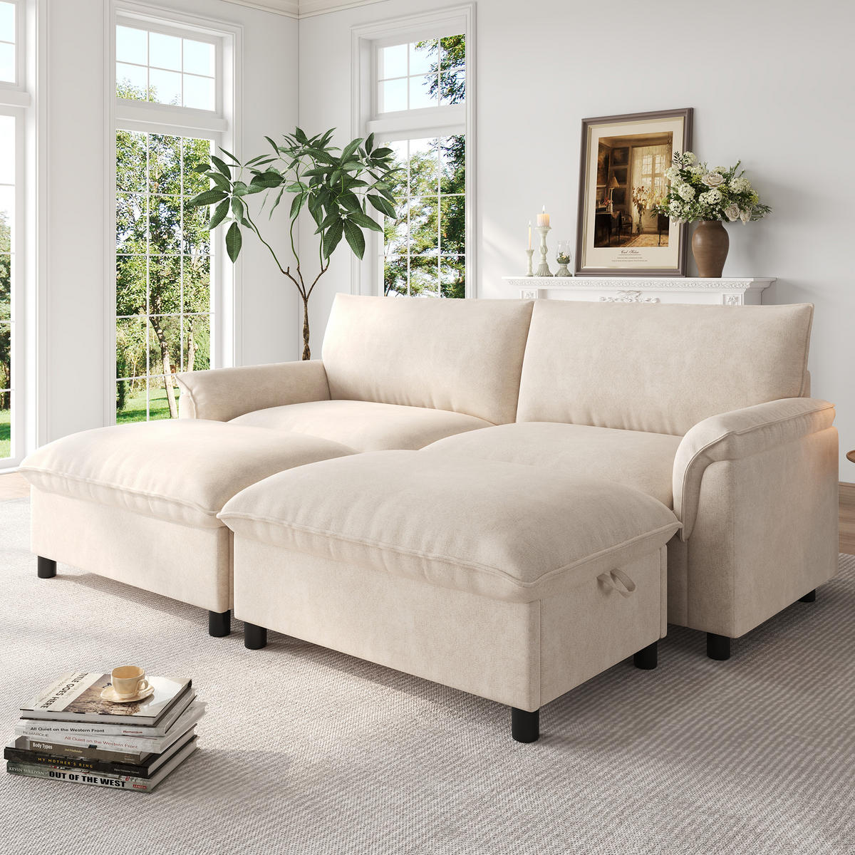 WOHNLANDSCHAFT mit 2 Aufbewahrungs-Ottomane 216/142/82 cm Beige - Beige, Textil (77/82/216cm) - Oxeza