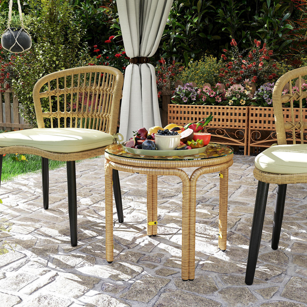 BEISTELLTISCH DE-06648 rund, Glasplatte, PE-Rattan Gelb - Gelb, Kunststoff/Metall (50/50/44cm) - ComfortXL