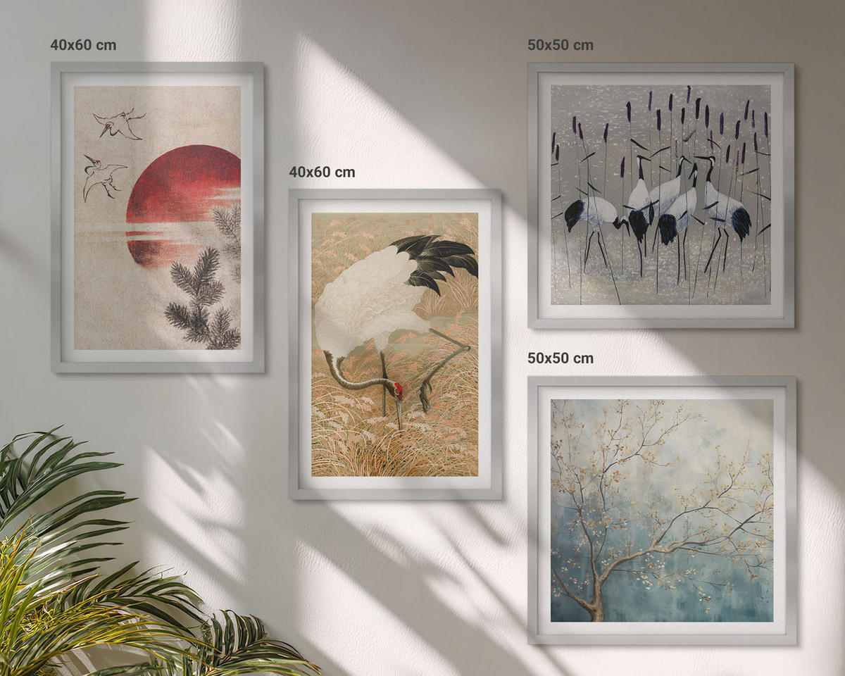 BILDER SET 4er Set - 50x50 cm & 40x60 cm Silberner Rahmen - Japanische Kraniche Landschaft - Silberfarben, Kunststoff (50/50cm) - TULUP