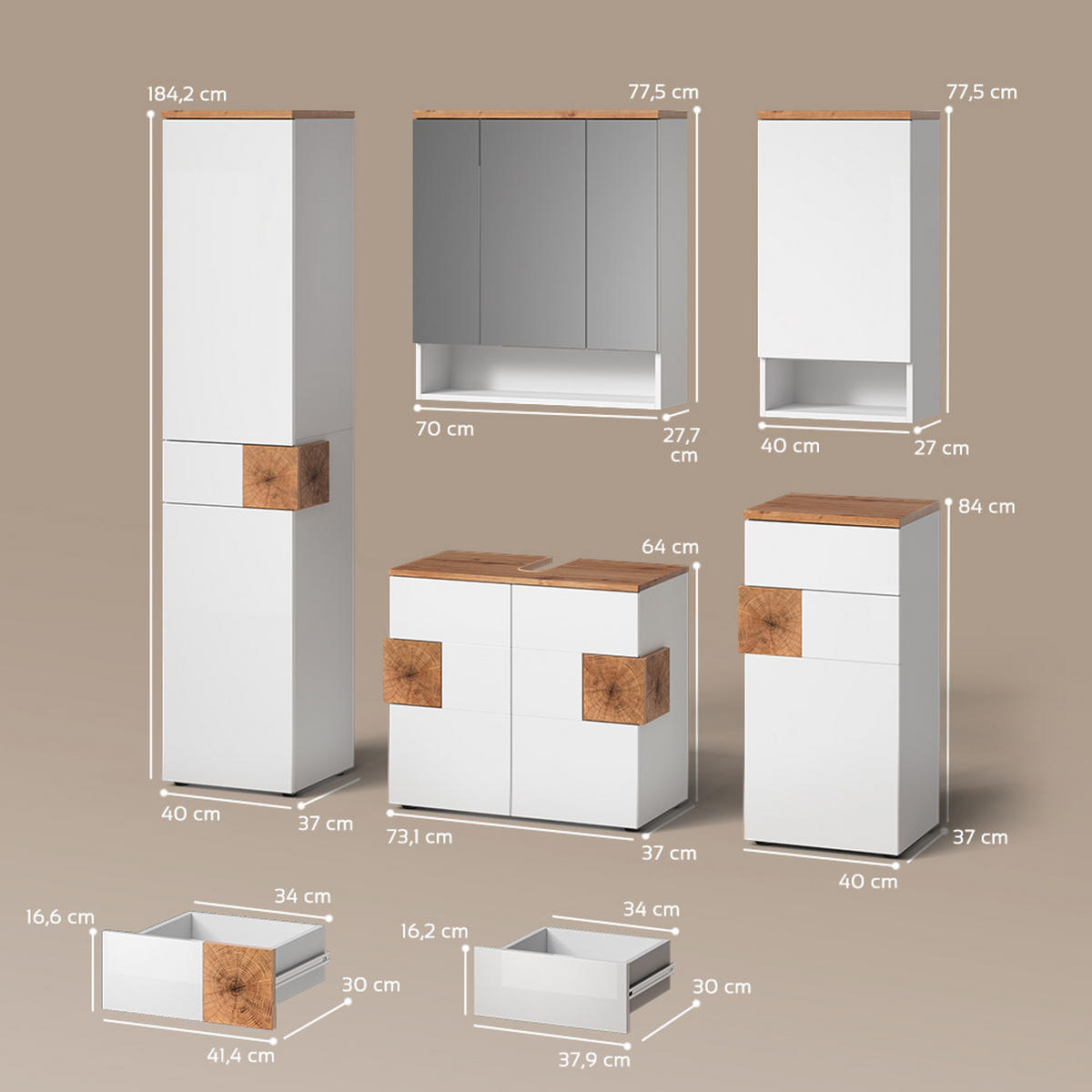 BADMÖBEL-SET Tanaro Weiß 5 Teile - Weiß/Eiche Artisan, Holzwerkstoff (73/64/37cm) - Livinity®
