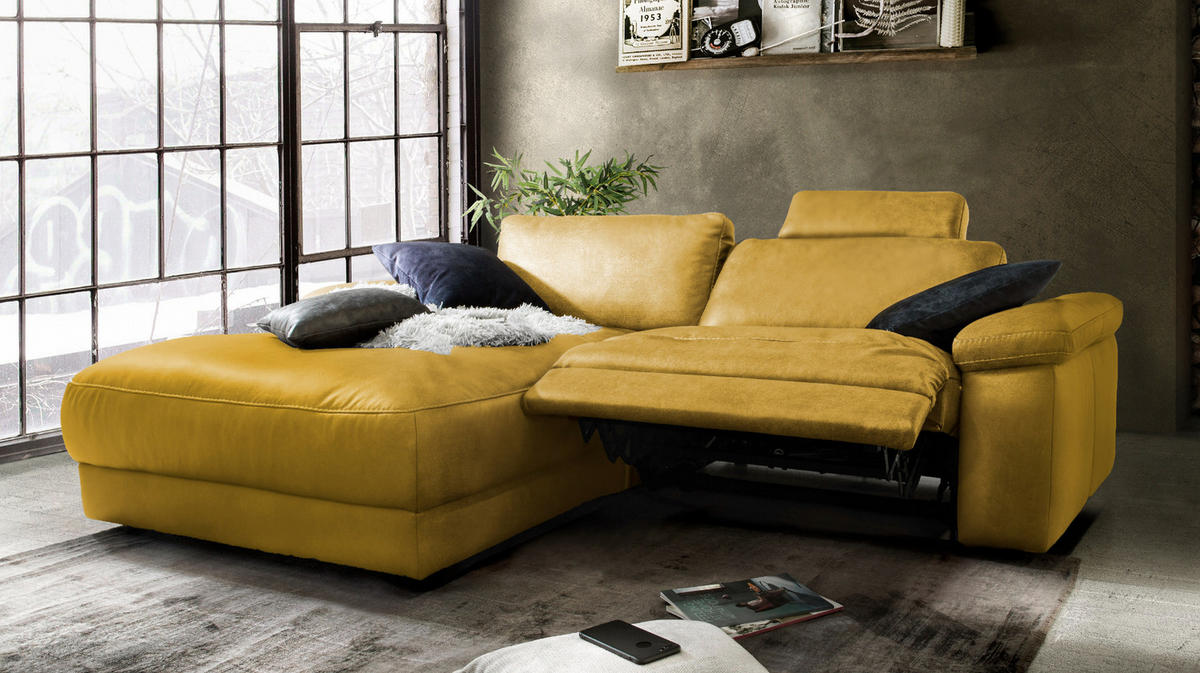 ECKSOFA MOTORISCH. RELAXFUNKTION LOLA Gold Webstoff - Goldfarben/Schwarz, Textil (233/178cm) - KAWOLA