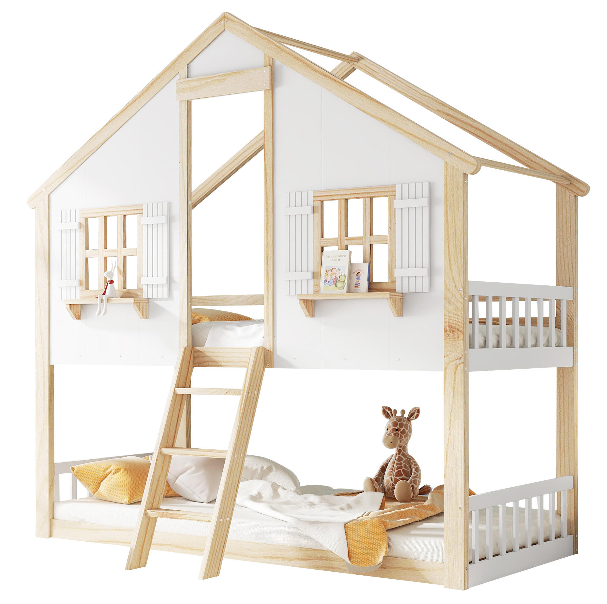 HAUSBETT 90/200 cm Weiß/Natur mit Dach, Fenstern und Sicherheitsgeländer - Weiß, Holzwerkstoff (90/200cm) - Flora Grace