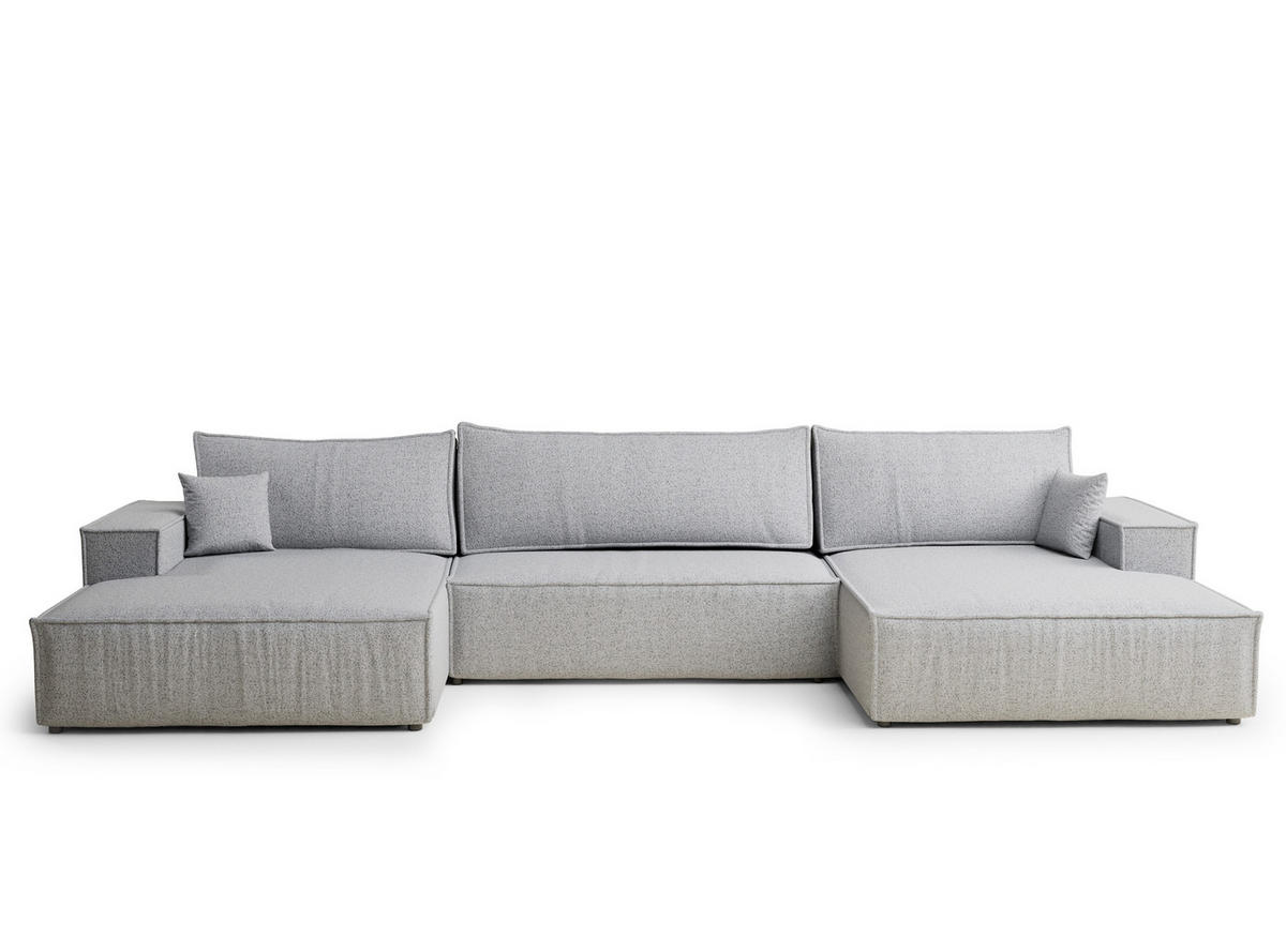 WOHNLANDSCHAFT Kyoto Hellgrau Webstoff - Hellgrau/Schwarz, Holz/Holzwerkstoff (398/70/148cm) - Maison de Reve