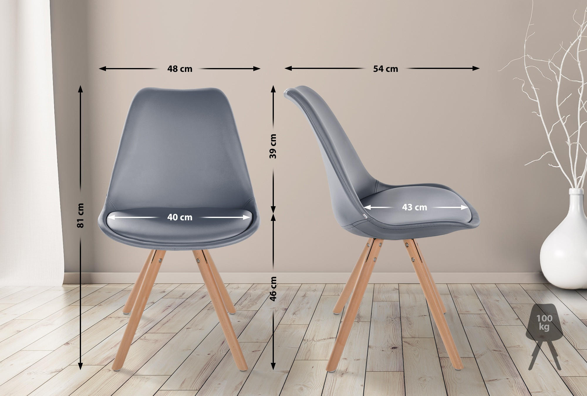 STUHL 4er Set Lederlook grau - Eukalyptusholzfarben/Grau, Holz/Textil (48/81/54cm) - CLP