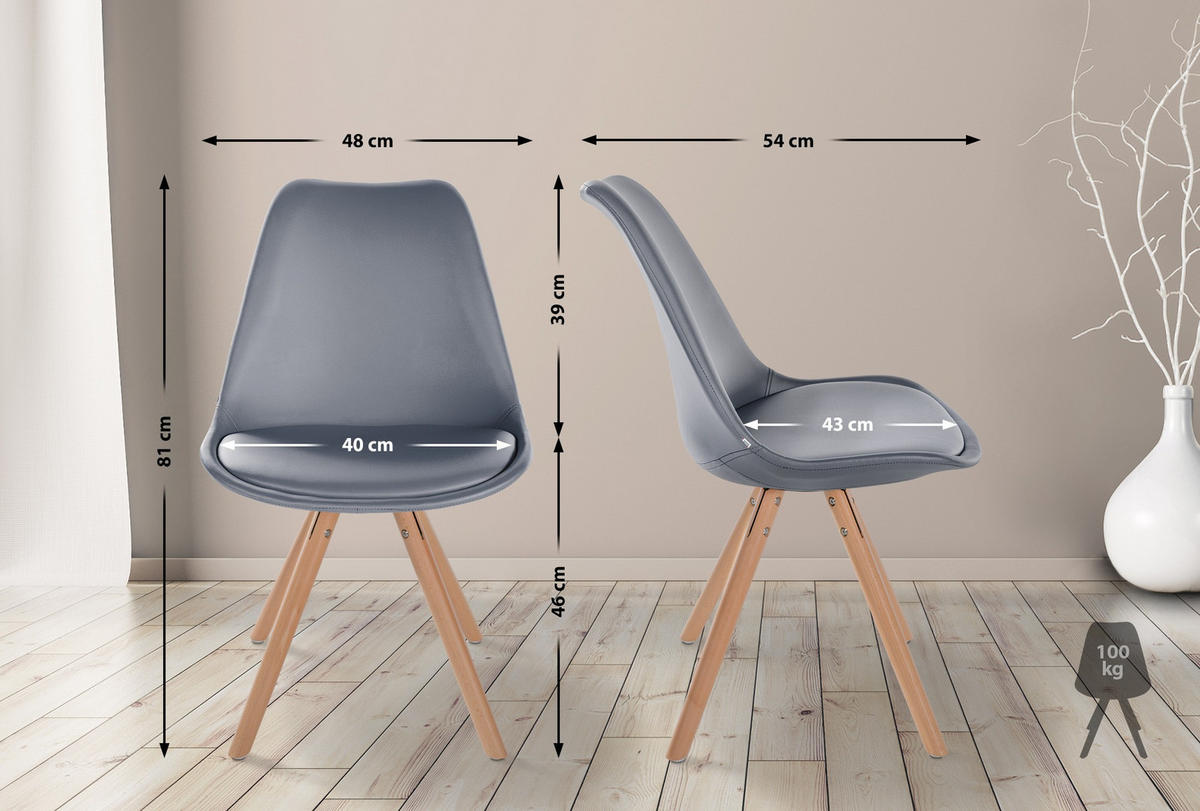 STUHL 4er Set Lederlook grau - Eukalyptusholzfarben/Grau, Holz/Textil (48/81/54cm) - CLP