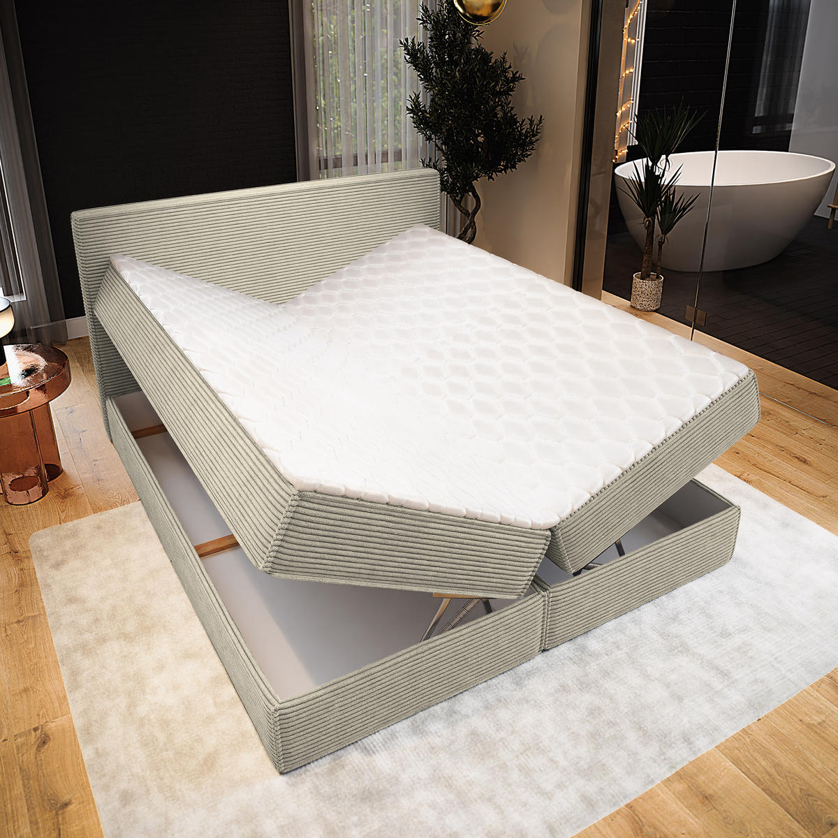 BOXBETT PELLIO 140x200 cm mit Matratze und Topper - Creme - Creme, Holz (140/200cm) - MASSENO