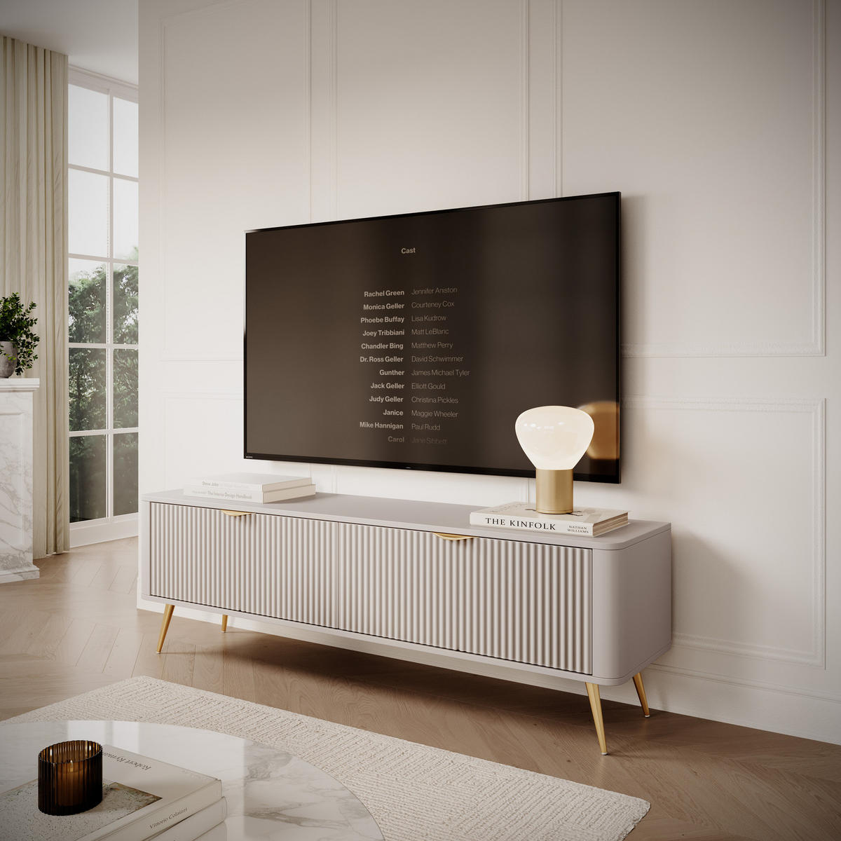 TV-LOWBOARD 163 cm Beige / Gold - mit geriffelten Fronten - 2 Türen - Beige/Gelb, Holz/Holzwerkstoff (163/51/38cm) - Ravio