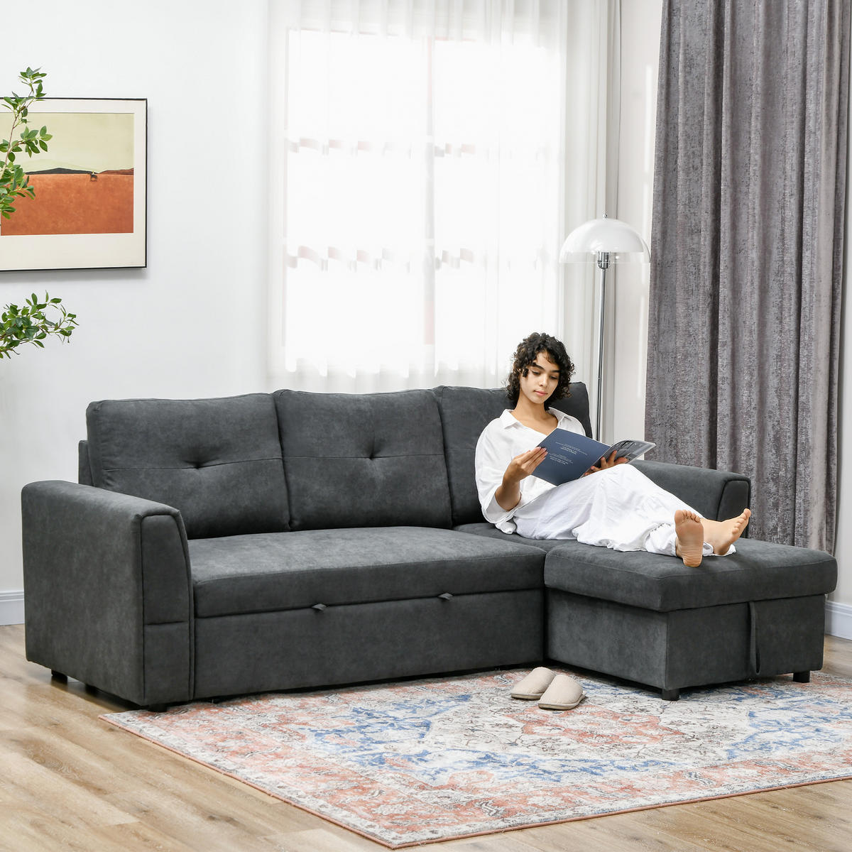 SCHLAFSOFA Ecksofa mit Bettfunktion, 3 Sitzer Couch mit Stauraum, Dunkelgrau - Dunkelgrau/Schwarz, Kunststoff/Textil (141/232cm) - HOMCOM