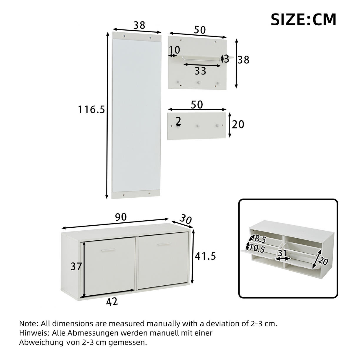 GARDEROBE-SET 4-teilig Spiegel Schuhschrank Haken Weiß - Weiß, Holzwerkstoff (90/41.5/30cm) - FLIEKS