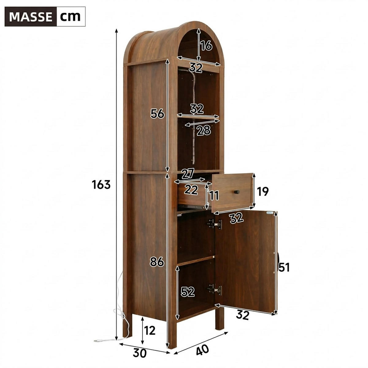 HOCHSCHRANK 40/30/163 cm Walnussholzfarbe mit 1 Schubladen und LED - Walnussfarben, Holz/Holzwerkstoff (30/163/40cm) - Oxeza