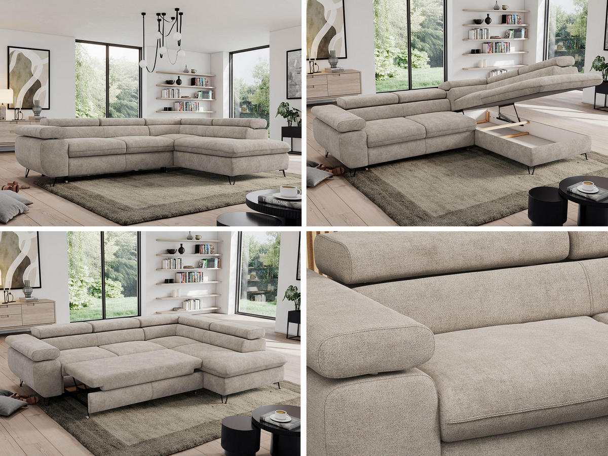 ECKSOFA PEDRO L Beige Struktur - Rechts Seite - Beige/Schwarz, Textil/Metall (273/208cm) - MKS