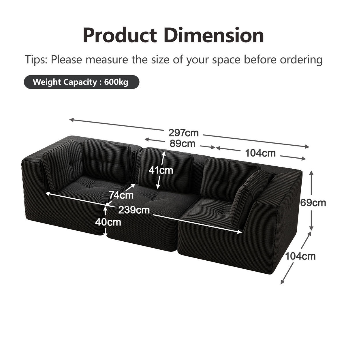 3-SITZER Sofa 297x104x69 cm aus Cordstoff rahmenlos modular, schwarz - Schwarz, Textil (104/69/297cm)