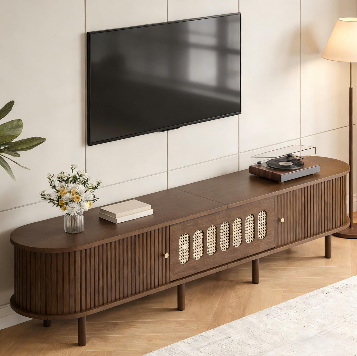 TV-LOWBOARD aus MDF 180x40x40 cm Walnussfarben mit Klapptür, 2 Rolltüren und 5 geschlossenen Fächern - Braun, Holzwerkstoff (180/40/40cm) - Modfu