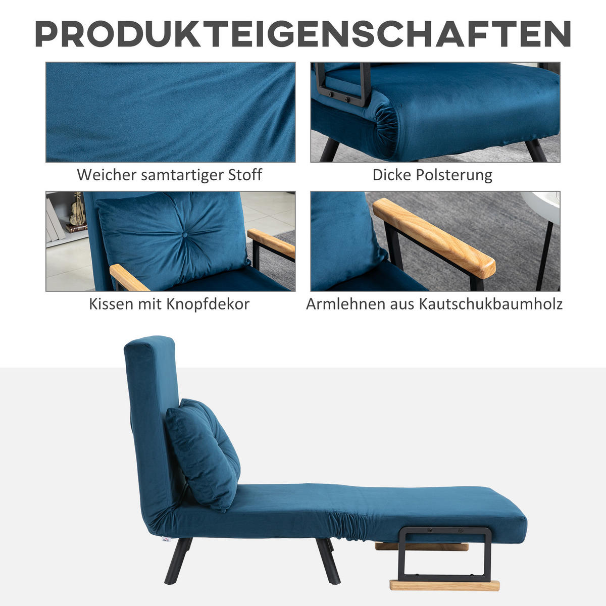 SCHLAFSESSEL, Einzelsofa mit Bettfunktion, Relaxsessel mit Rückenkissen Blau - Blau/Schwarz, Holz/Textil (73/81/63cm) - HOMCOM