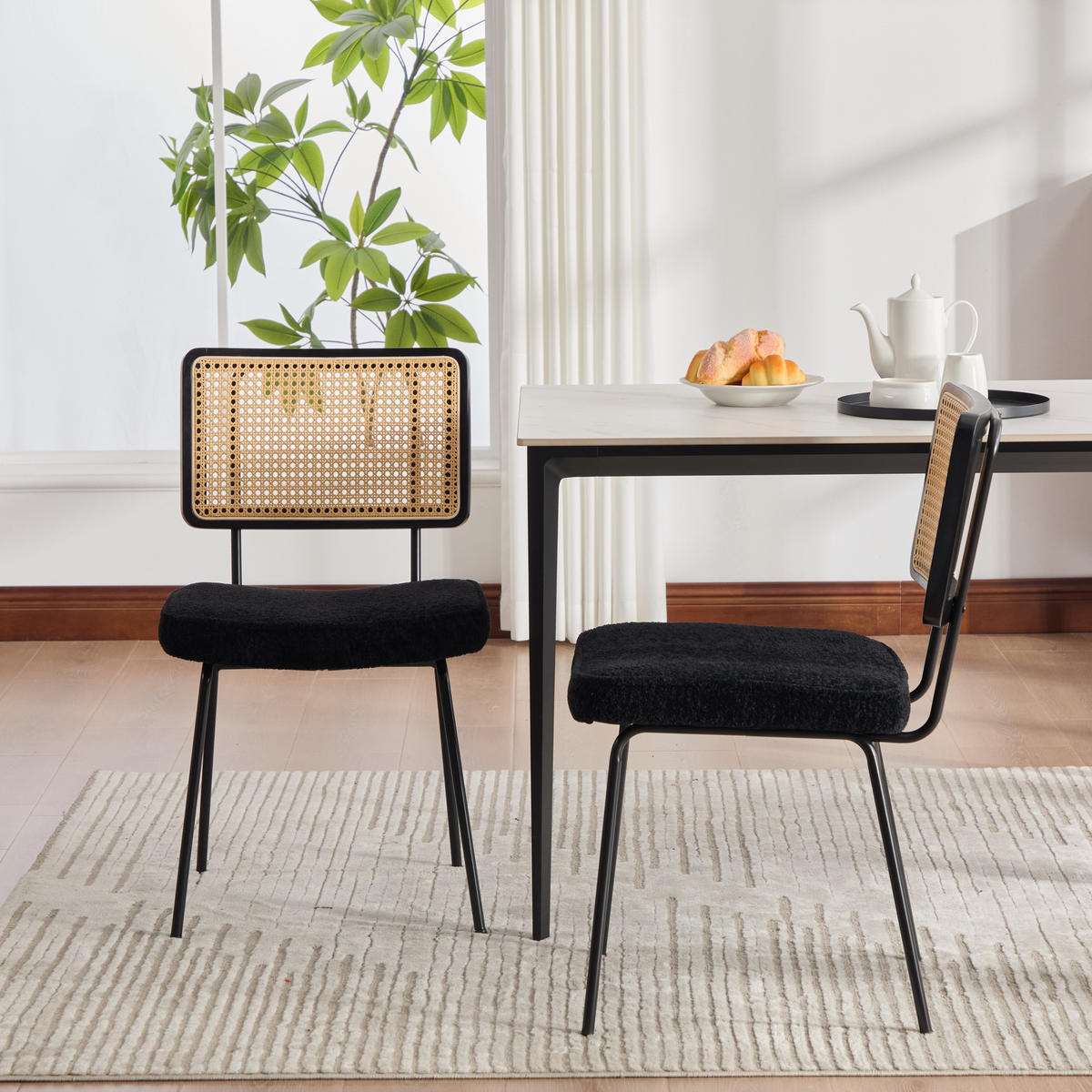 STUHL-SET DE-36881 2 Stück mit Chenille-Polsterung und Rattan-Opti Schwarz - Schwarz, Metall (58/82/47cm) - ComfortXL