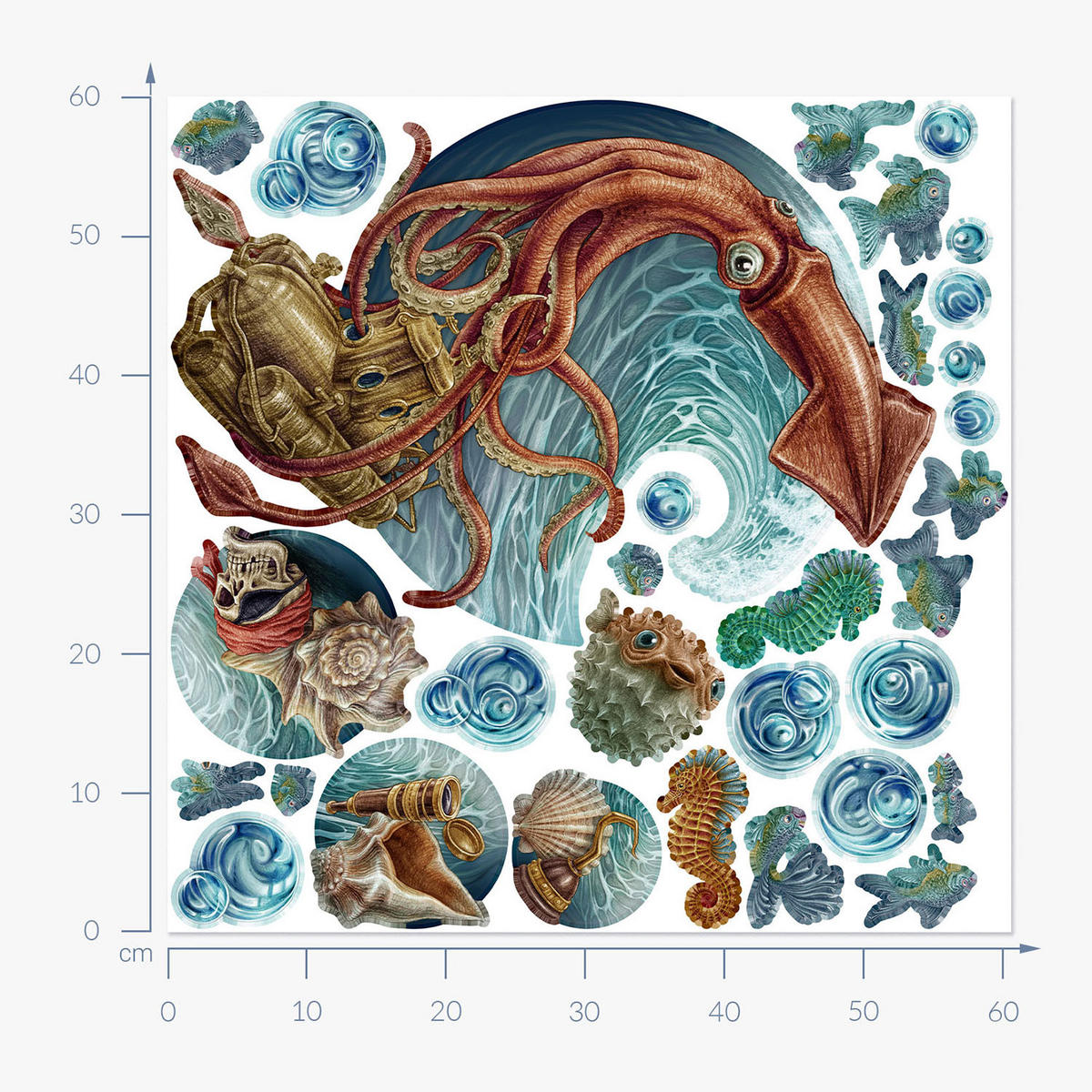 WANDAUFKLEBER 60x60cm - U-Boot - Multicolor, Kunststoff (60/60/0.1cm) - Wallfluent