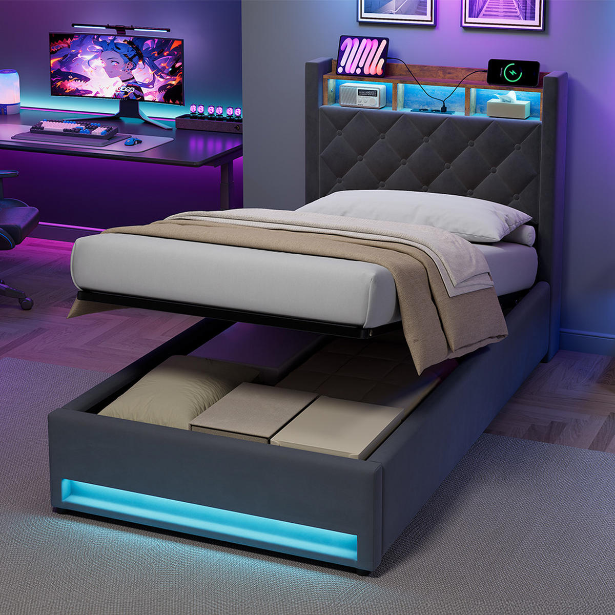 POLSTERBETT 90/200 cm in Dunkelgrau Samt mit Bettkasten, LED-Beleuchtung und USB-Anschluss - Dunkelgrau, Holzwerkstoff/Textil (90/200cm) - CHICFURN