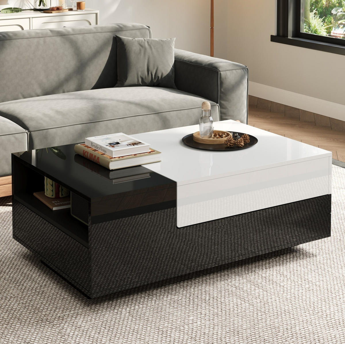 COUCHTISCH mit 2 Schubladen 100 x 50 x 38 cm Hochglanz Weiß/Schwarz - Weiß, Holzwerkstoff (100/50/38cm) - Meubliv