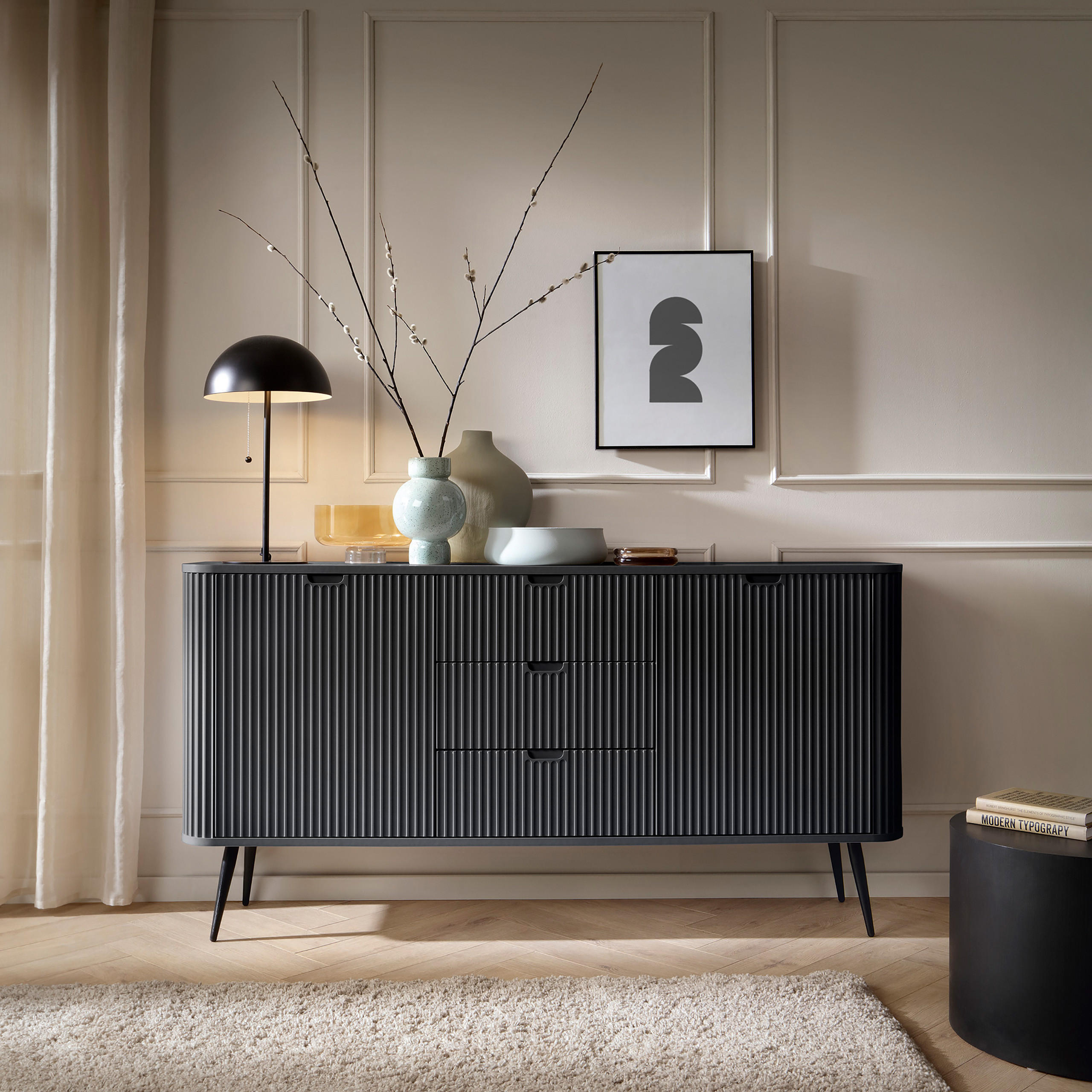 SIDEBOARD ZENZERO 168/87/39 cm mit 3 Schubladen 2 Türen Schwarz - Schwarz, Holzwerkstoff (168/87/39cm) - MASSENO
