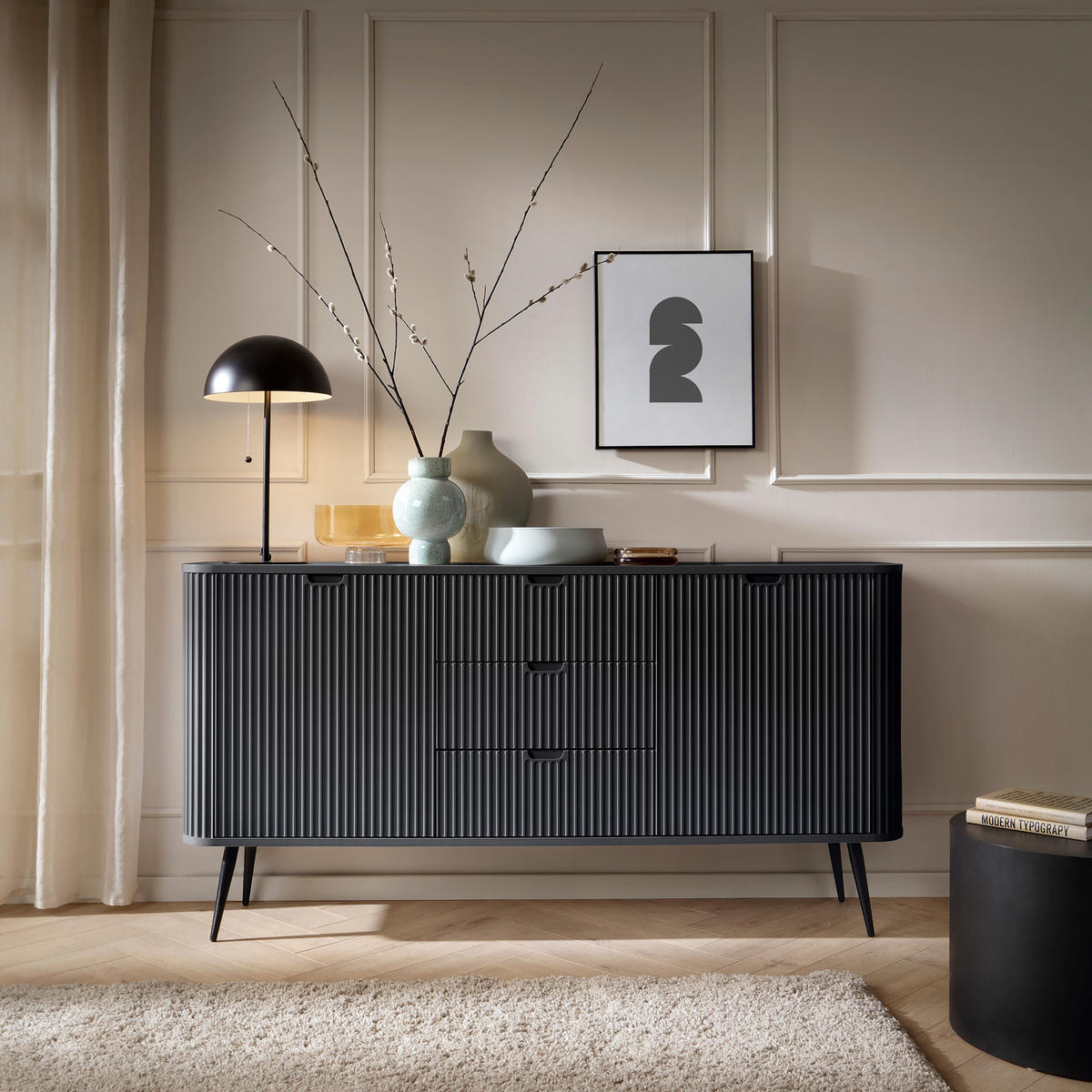 SIDEBOARD ZENZERO 168/87/39 cm mit 3 Schubladen 2 Türen Schwarz - Schwarz, Holzwerkstoff (168/87/39cm) - MASSENO