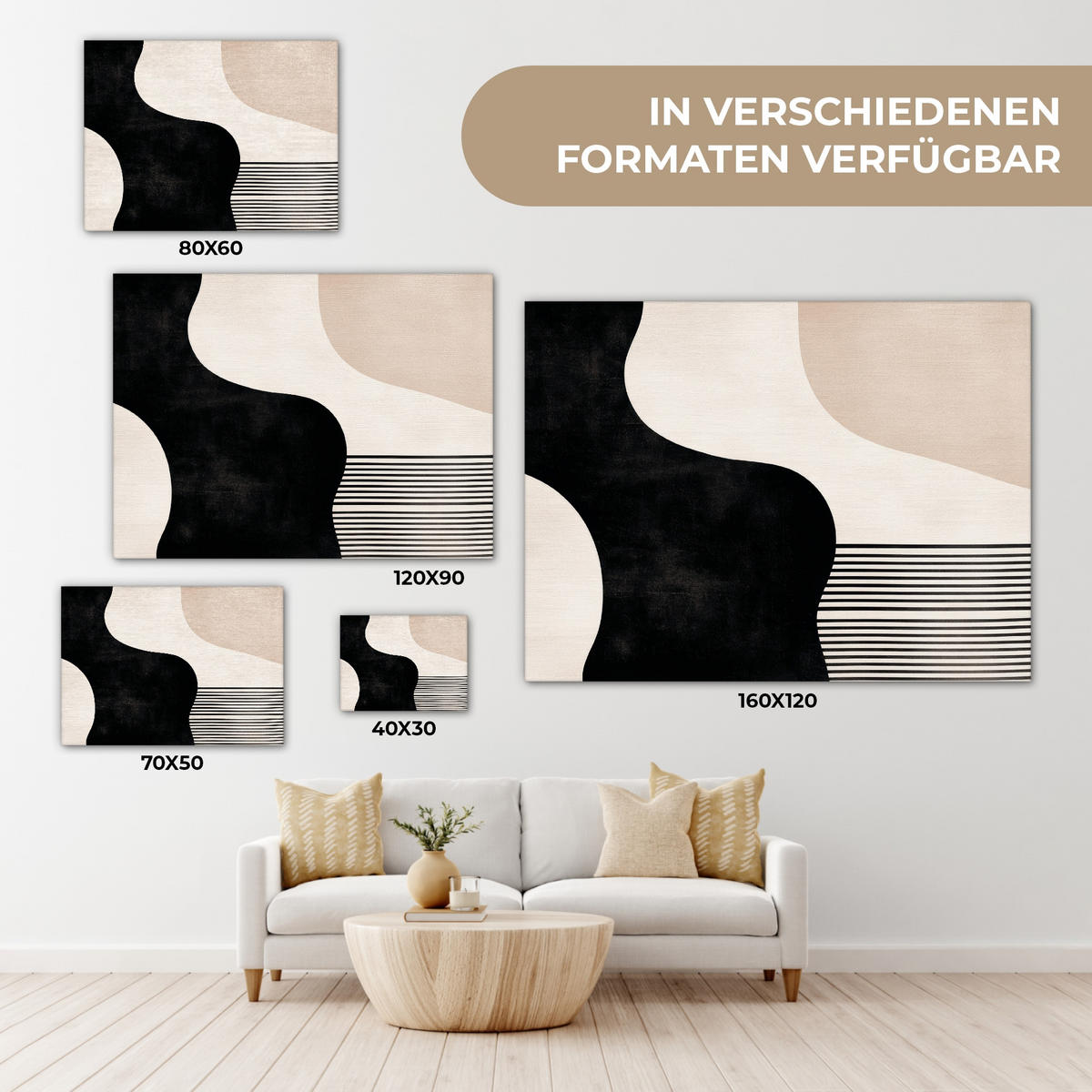 LEINWANDBILD Abstrakt - Japandi - Beige - Modern Wandbilder 80x60 cm - Schwarz, Textil (80/60cm) - MuchoWow