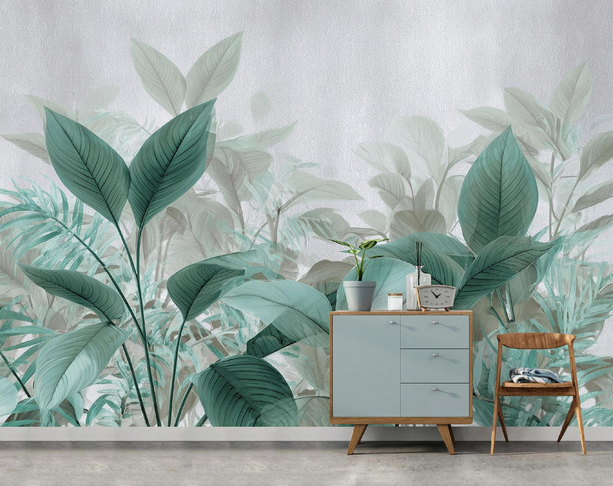 FOTOTAPETE Blätter Grün Betonwand Natur Wohnzimmer 250x175 - Multicolor, Papier (250/175cm) - Wallarena
