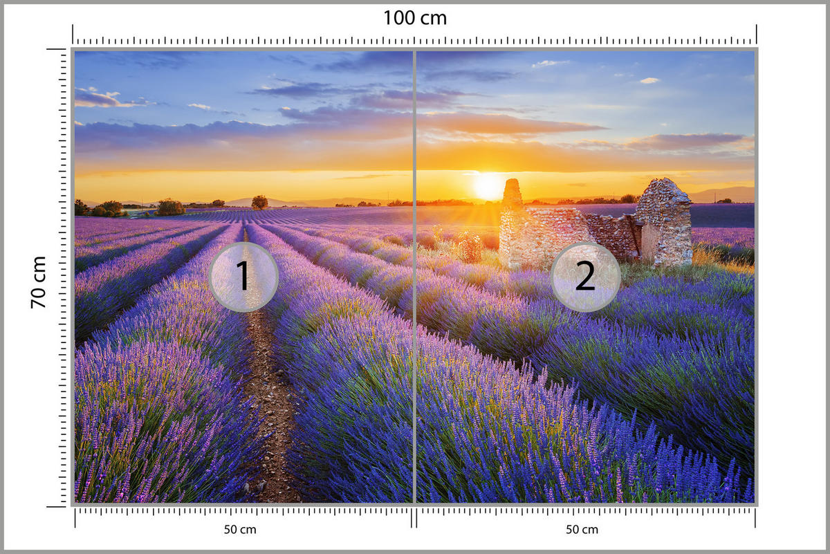 FOTOTAPETE für Wohnzimmer Lavendelfeld Sonnenuntergang Lila 100x70 - Violett/Rosa, Papier (100/70cm) - Muralo