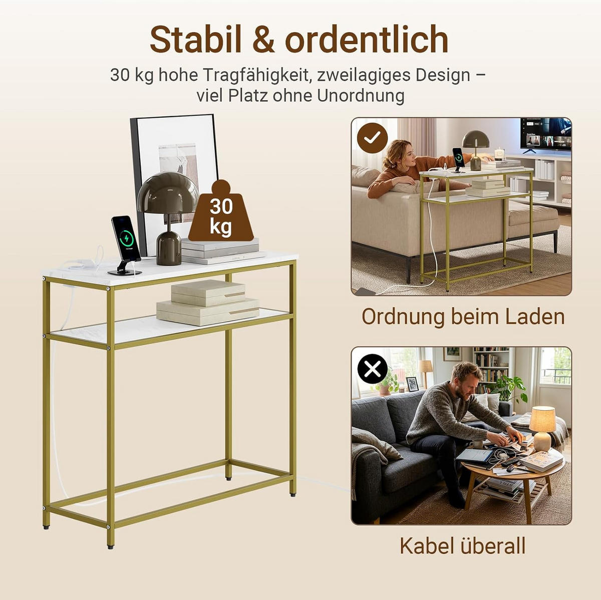 KONSOLENTISCH mit 2 Ablagen und 2 Steckdosen modern 80x30x75 cm - Goldfarben/Weiß, Holzwerkstoff/Metall (30/80/75cm) - SoBuy