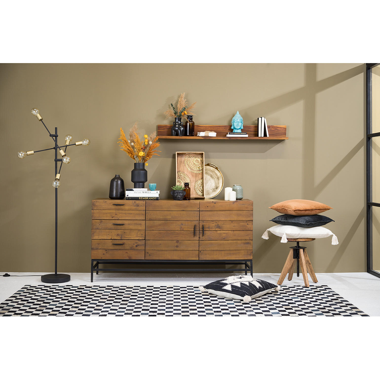 SIDEBOARD mit 2 Türen - Pinie massiv / Metall - Schwarz/Pinienfarben, Holz (160/80/45cm) - home24