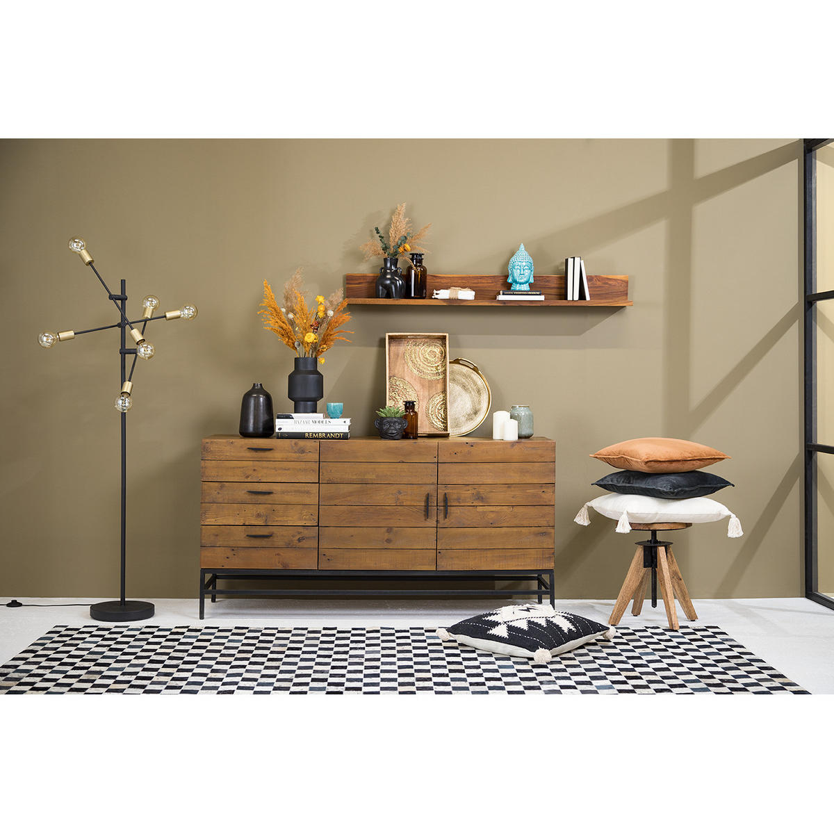 SIDEBOARD mit 2 Türen - Pinie massiv / Metall - Schwarz/Pinienfarben, Holz (160/80/45cm) - home24