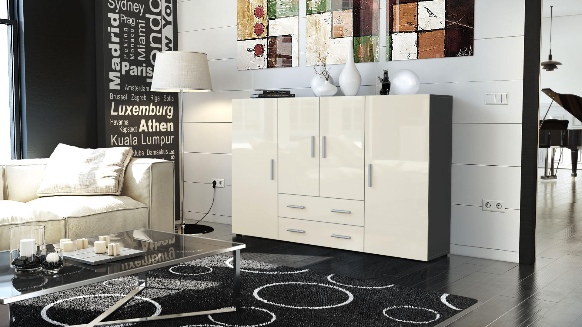 HIGHBOARD Nora Türen in Creme Hochglanz - Creme, Holzwerkstoff (166/106/35cm) - Vladon