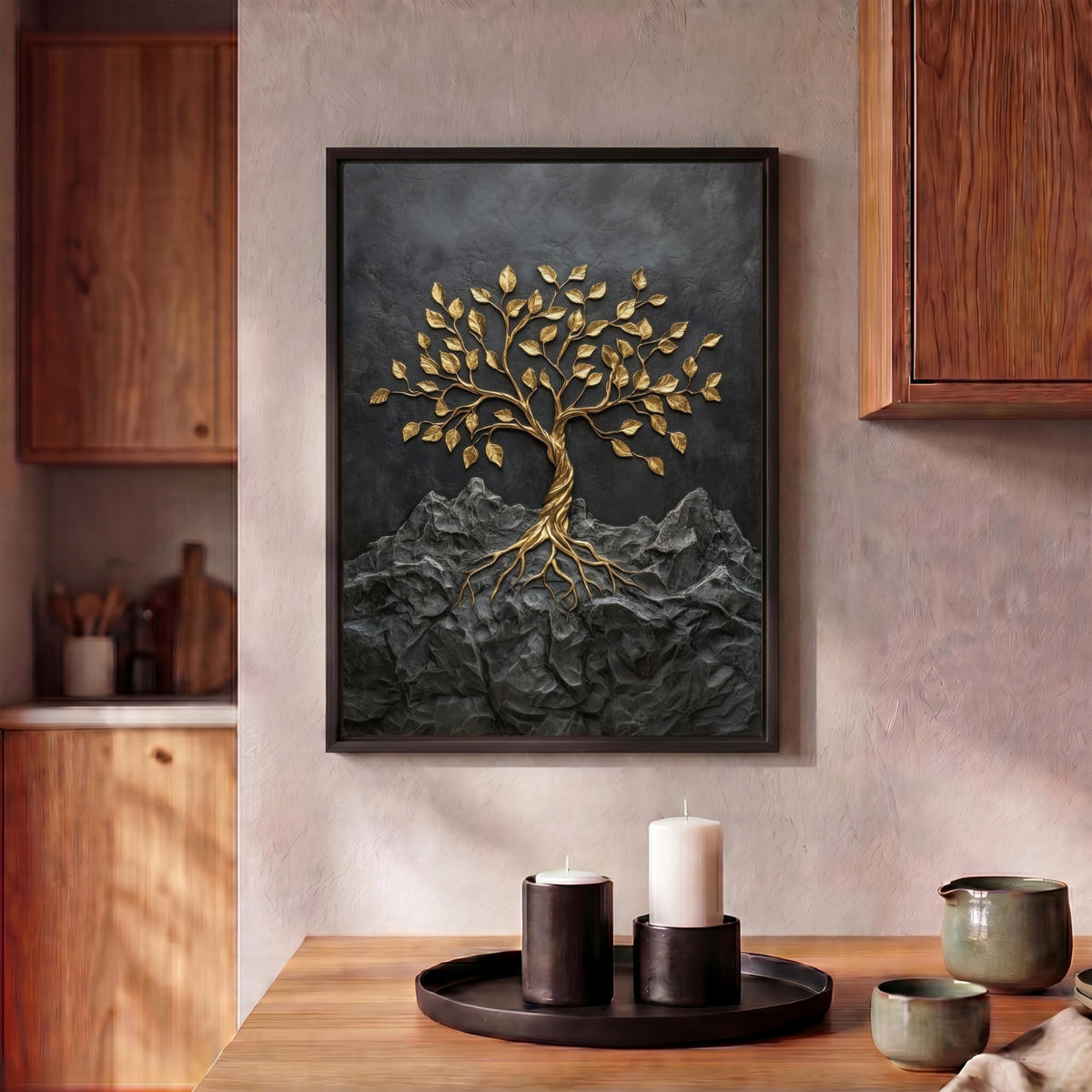 LEINWAND Bilder mit Rahmen - Blätter - Gold - Baum - Fels - 30x40 - Schwarz, Textil (30/40cm) - MuchoWow