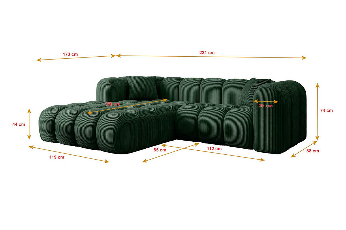 ECKSOFA Ottomane Links OLEA-L1 - 231x173x74 cm Grün Cord - Schwarz/Grün, Holzwerkstoff/Kunststoff (190/242cm) - ALTDECOR