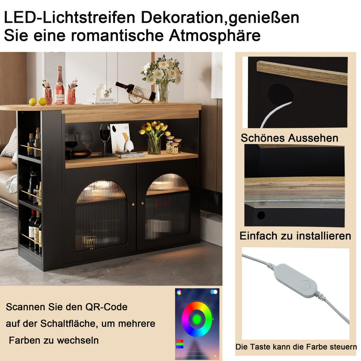 KÜCHENINSEL 138-193/39/105 cm Schwarz mit LED Lichtstreifen und Stauraum - Schwarz, Holz (39/105/193cm) - Oxeza