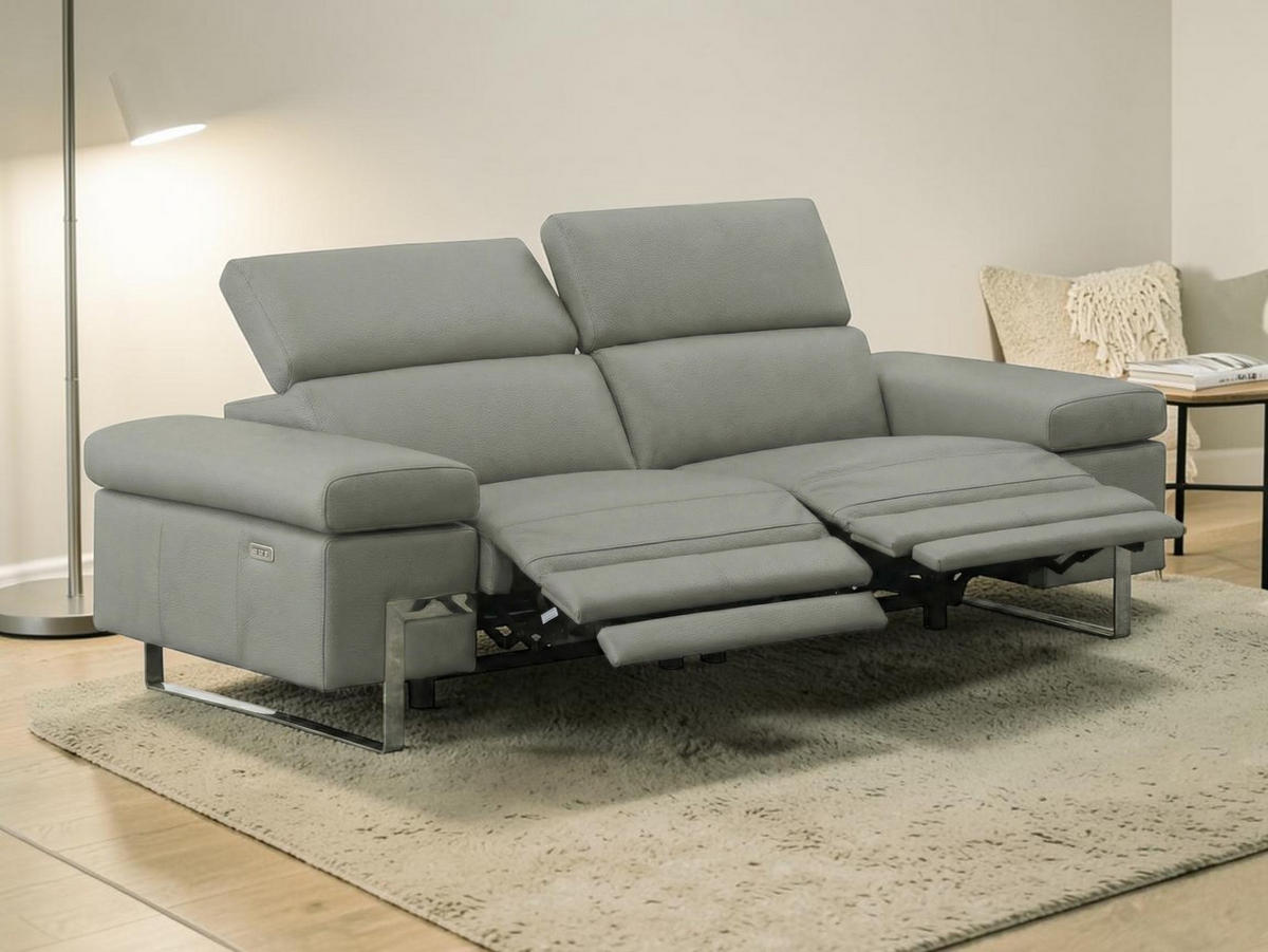 3-SITZER Sofa Opera Echtleder mit 2 x Relaxfunktion Perlgrau - Hellgrau, Leder/Metall (223/75/109cm)