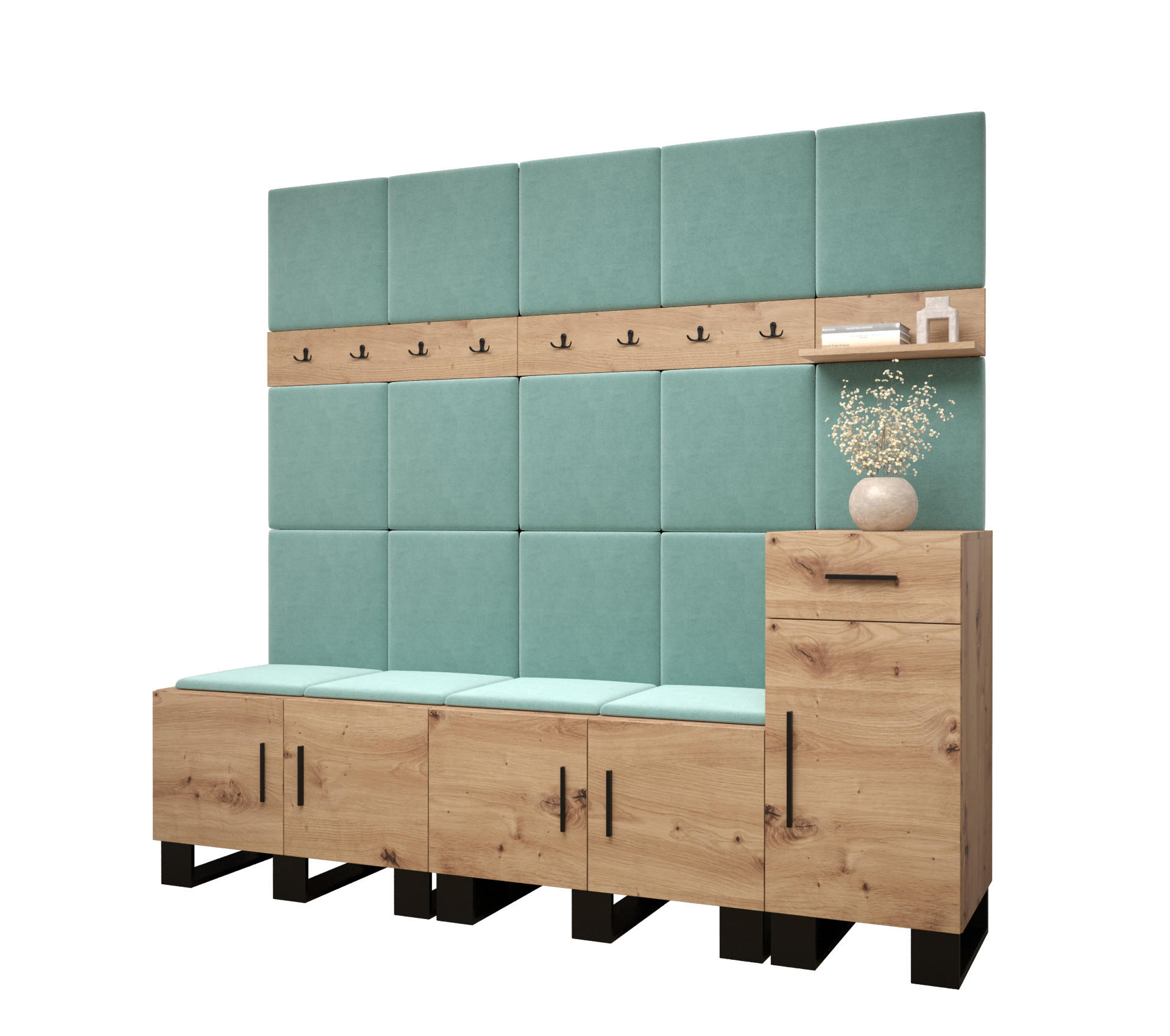 Abiks Möbel Garderoben-Set Eiche Artisan, Mintgrün 210x196x45.6 cm