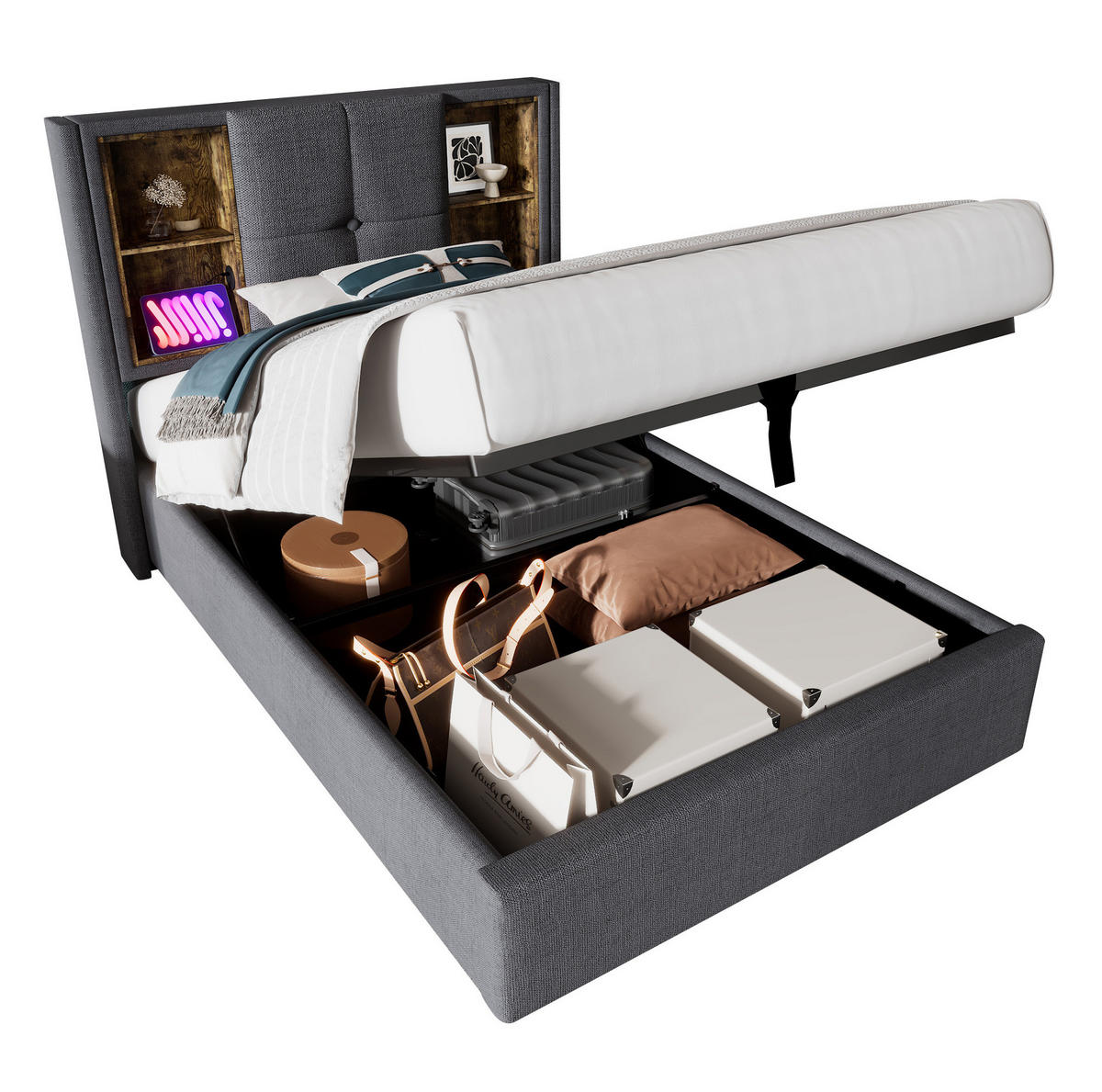 POLSTERBETT 90/200 cm mit Bettkasten (Gasdruckfeder) & Kopfteil mit Wireless Charging/USB/Typ C,Grau - Grau, Textil (90/200cm) - Redom