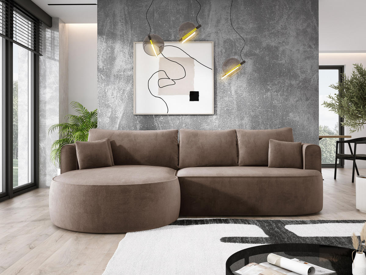 ECKSOFA FIORE L-förm Moderne Ausziehbare Schlaf-Funktion, automatischer Auffaltung, lose Rückenkissen freistehend LINKS 284x183x82cm Cappuccino - Cappuccino, Holz/Textil (183/284cm) - DomoHome