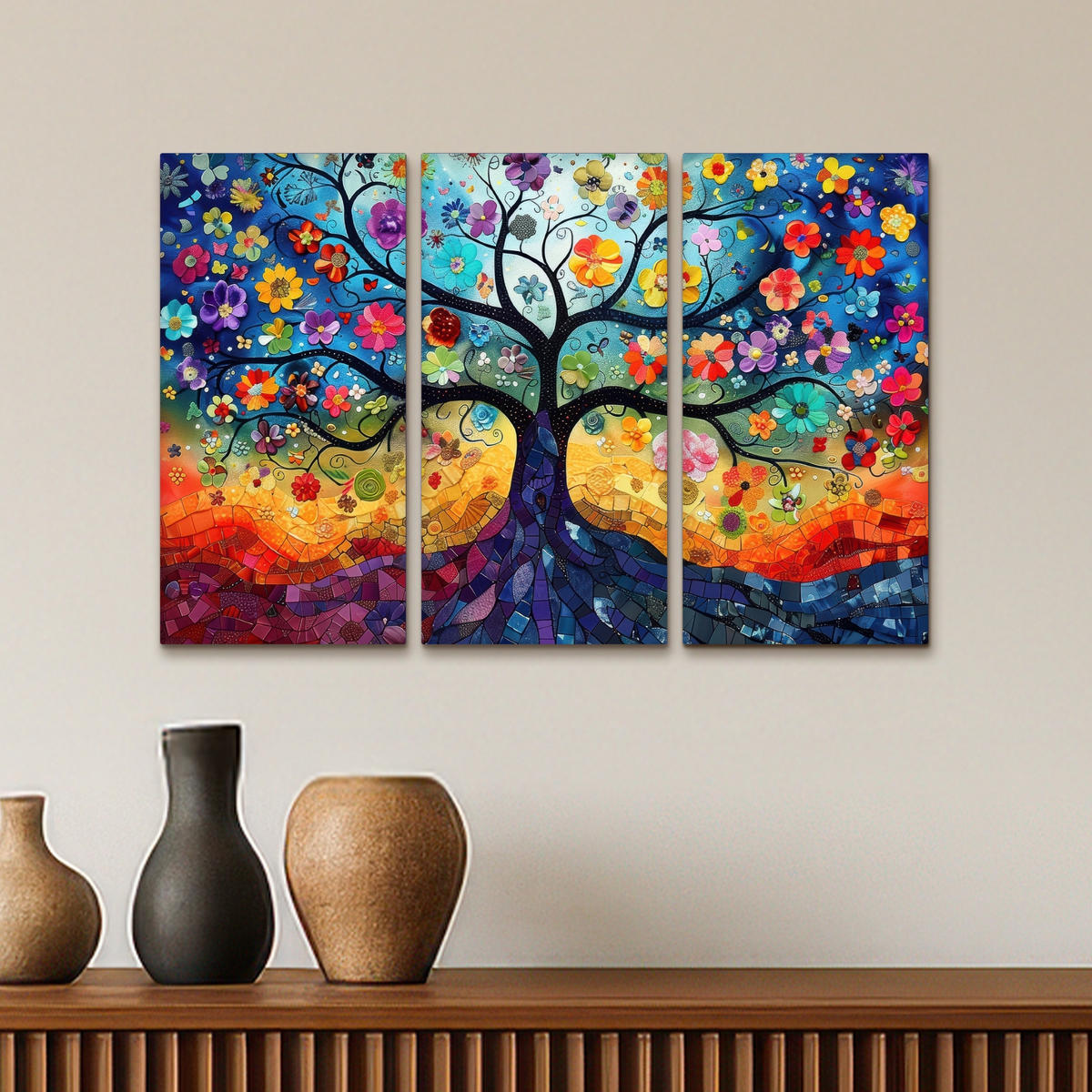 LEINWANDBILD 3er Set Bunt - Baum des Lebens - Blumen - Abstrakt 60x40 cm - Blau, Textil (60/40cm) - MuchoWow