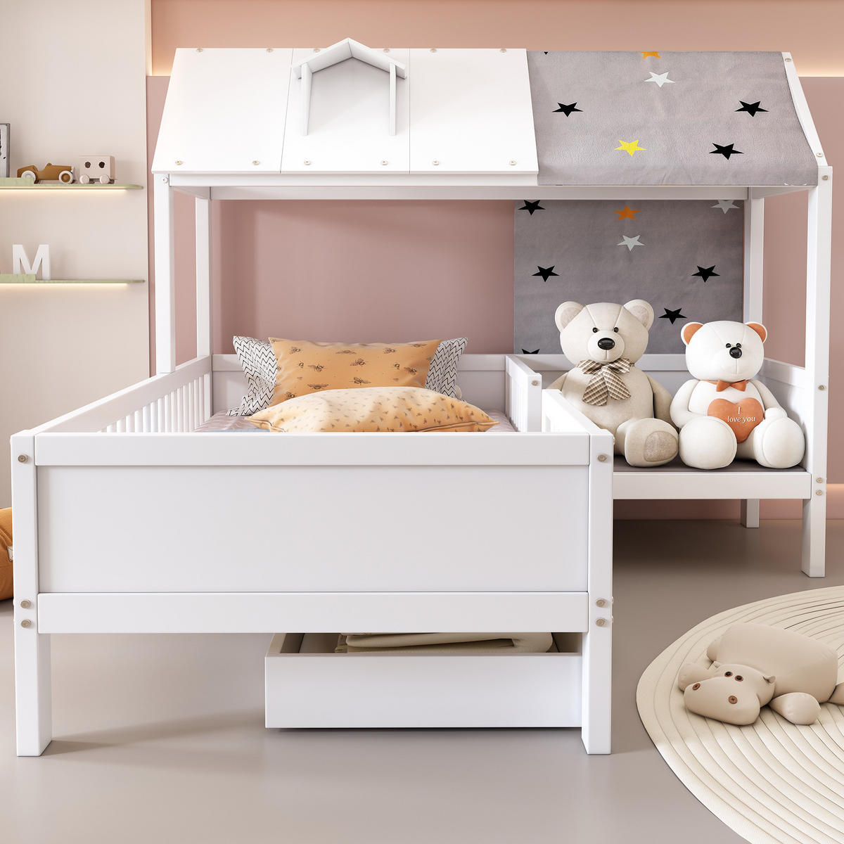 KINDERBETT 90/200 cm aus Massivholz mit Hausrahmen, Schubladen und Lattenrost, Weiß - Weiß, Holz (90/200cm) - Redom
