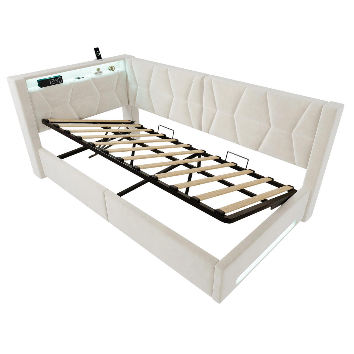 BOXBETT 90/200cm, LED/USB-C, Bettkasten, Lattenrost, Beige - Beige, Holz/Metall (90/200cm) - LVHOM
