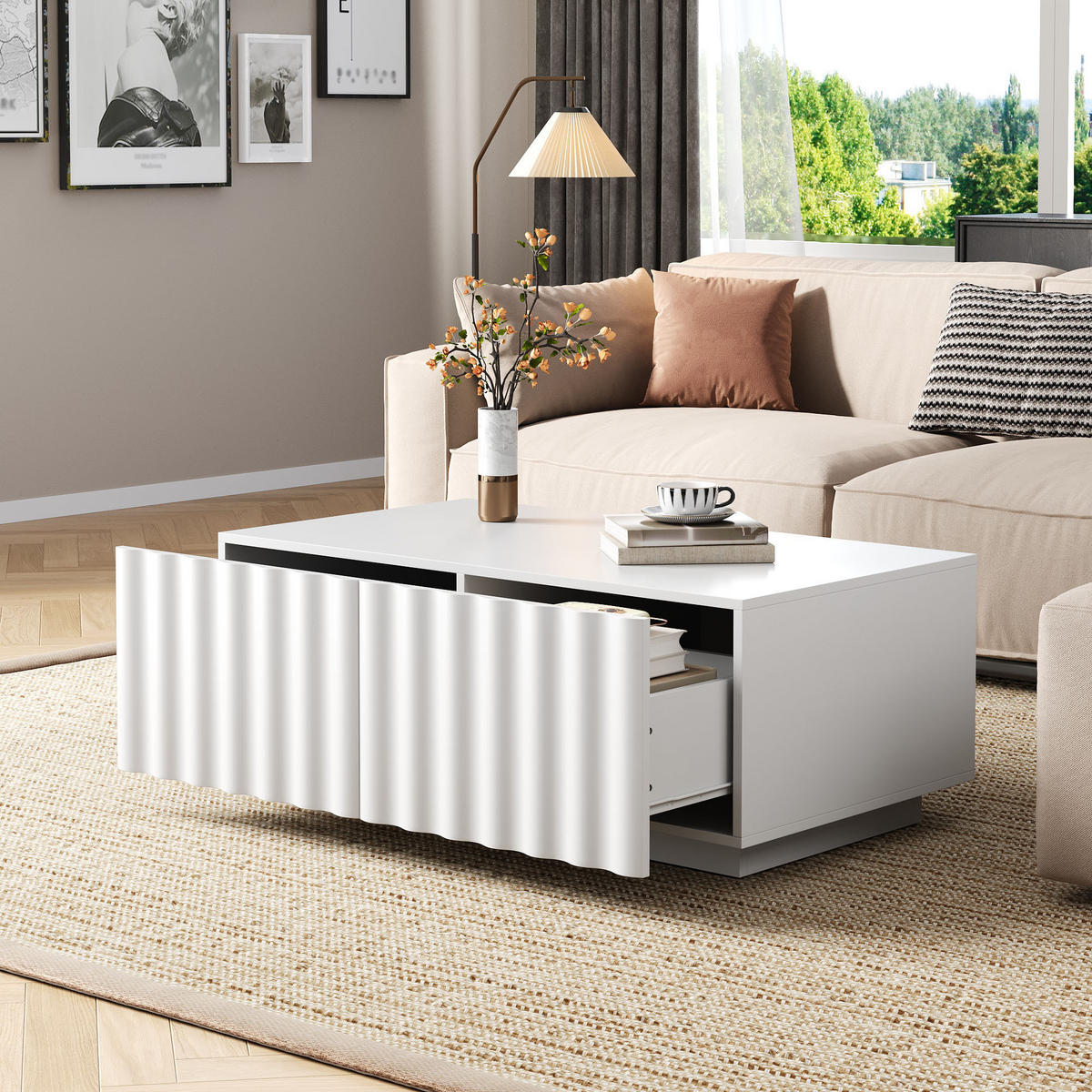 COUCHTISCH Wellenmuster 2 Schubladen modern Stauraum - Weiß, Holzwerkstoff (100/50/40cm) - FLIEKS