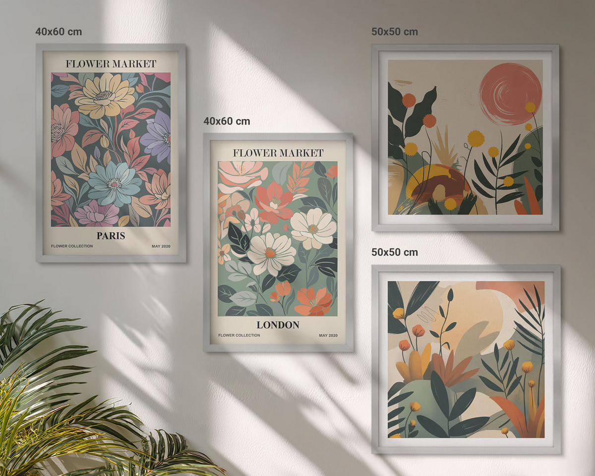 BILDER SET 4er Set - 50x50 cm & 40x60 cm Silberner Rahmen - Blumenposter Paris London - Silberfarben, Kunststoff (50/50cm) - TULUP