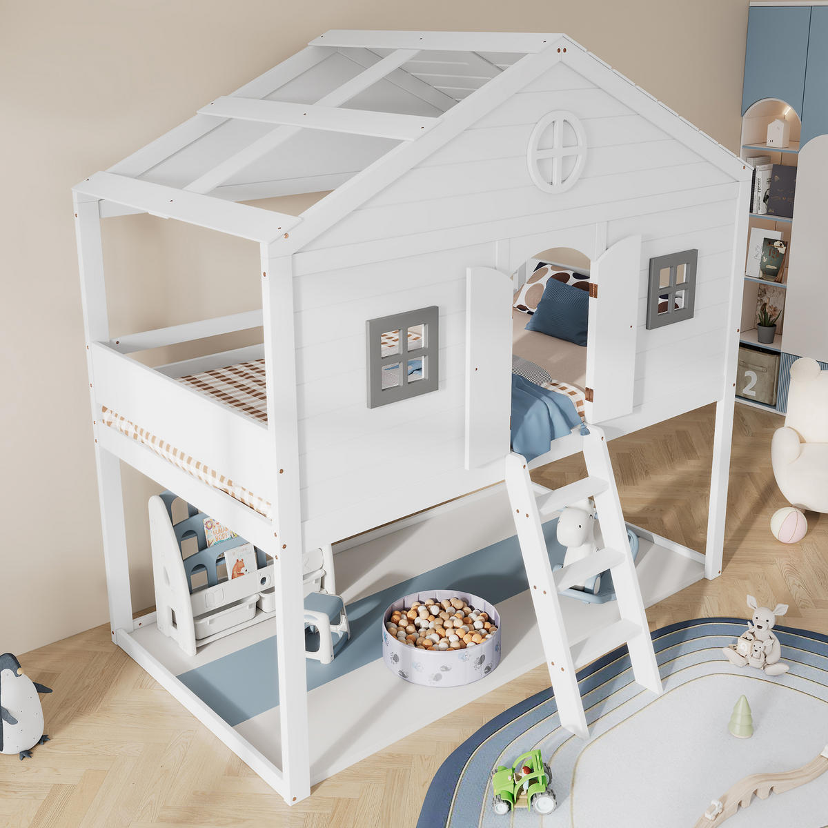 HOCHBETT 90/200 cm weiß und grau aus Kiefer mit Treppe und Rundum-Fallschutz - Weiß, Holz (90/200cm) - OKWISH