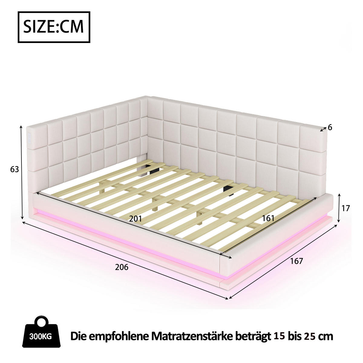 SCHLAFSOFA aus Leinenstoff 160x200 cm Beige mit LED-Beleuchtung, USB-Anschluss und Lattenrost - Beige, Textil (160/200cm) - IVMEU