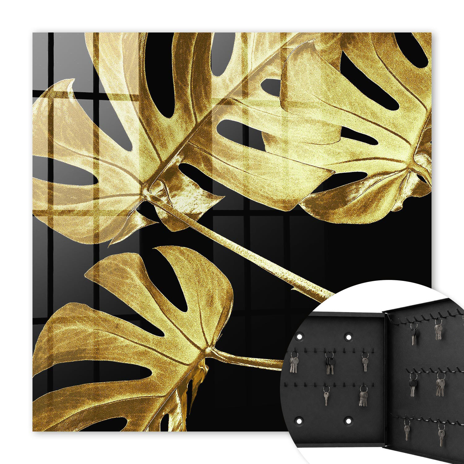 SCHLÜSSELBOX Schwarz 30x30 cm- Türöffnung nach rechts - Monstera-Blätter - Gelb, Metall (30/30/5cm) - TULUP